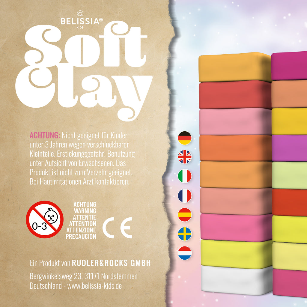 BELISSIA Kids Soft Clay – 36 Farben à 10 g inkl. Werkzeuge
