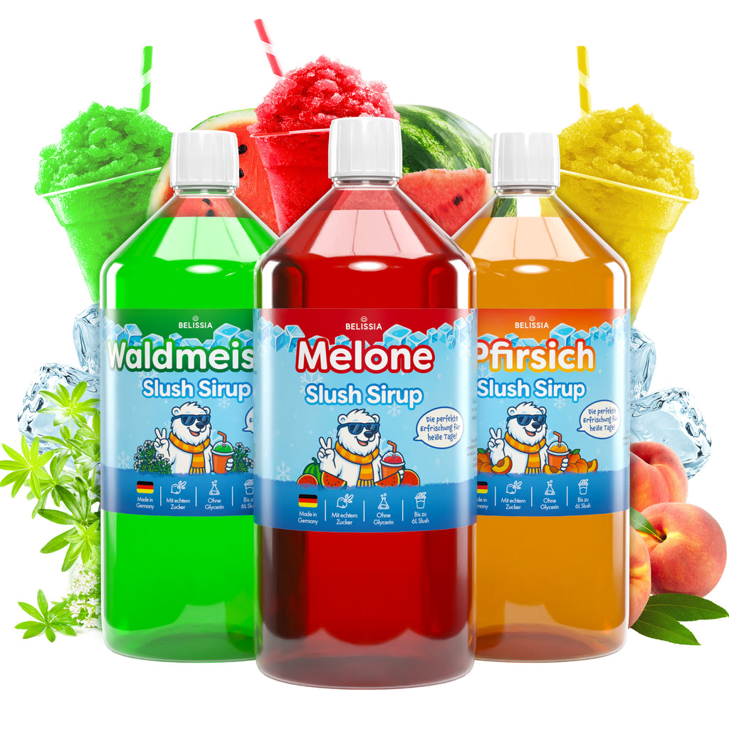 Slush Eis Sirup 3er-Set Pfirsich, Waldmeister, Wassermelone – 3 × 1 Liter