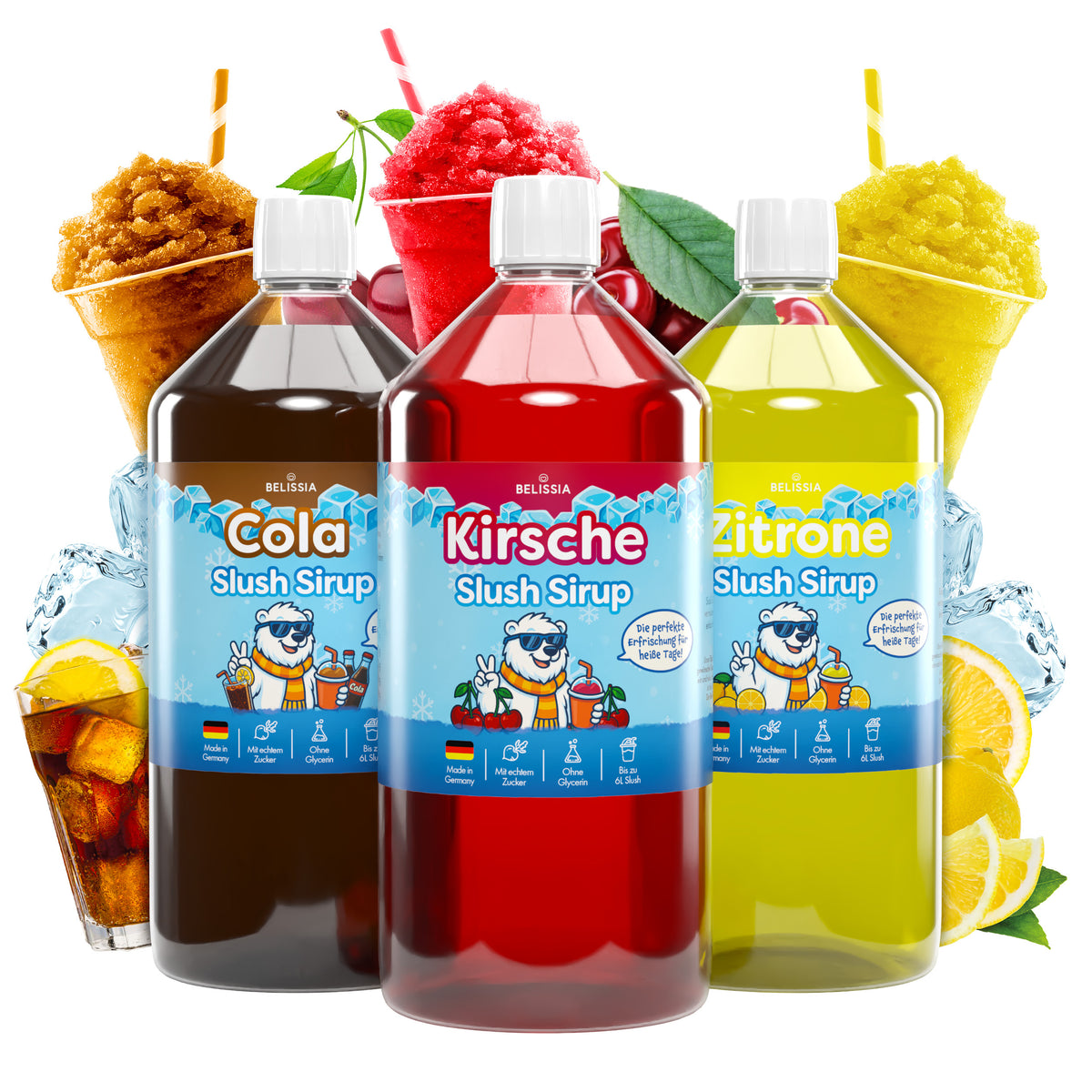 Slush Eis Sirup 3er-Set Cola, Kirsche, Zitrone – 3 × 1 Liter