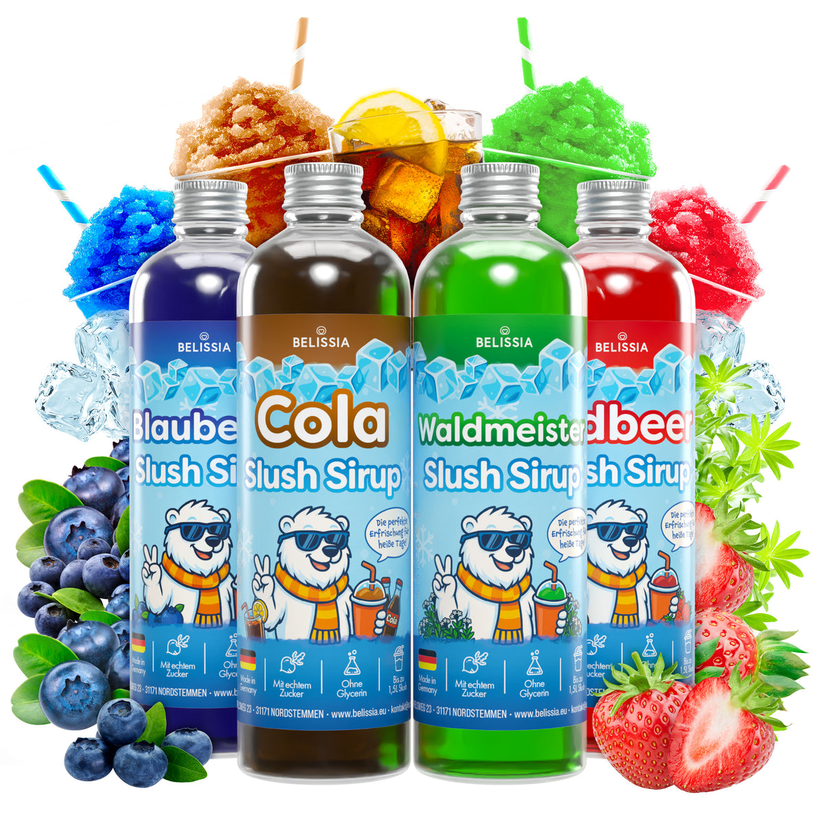 Slush Eis Sirup 4er-Set Blaubeere, Cola, Erdbeere, Waldmeister – 4 × 250 ml