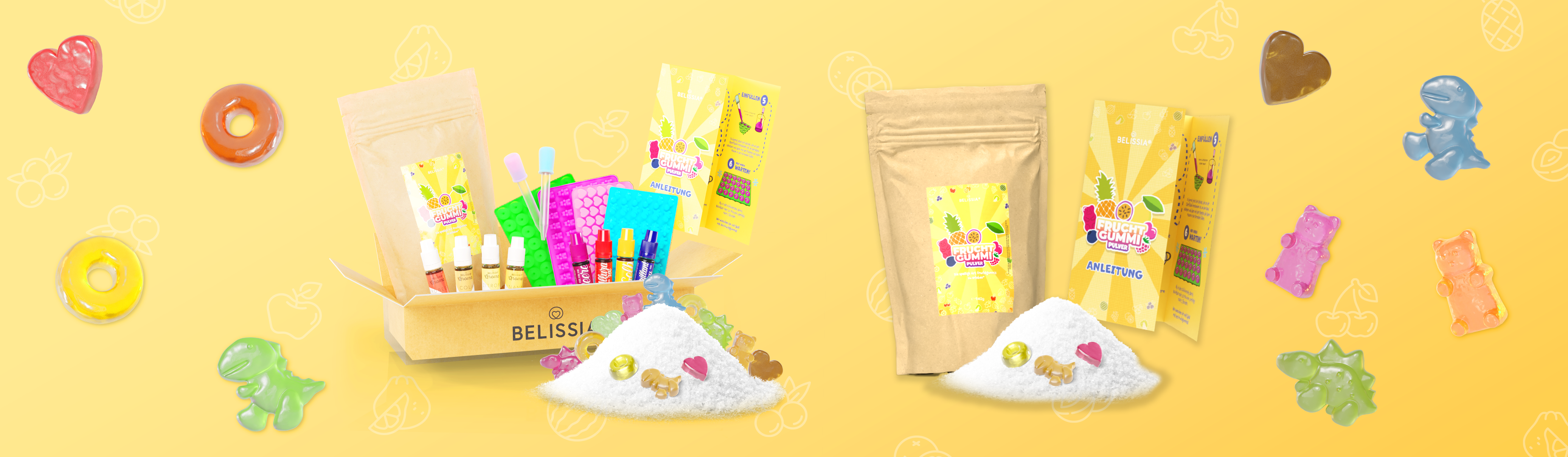 DasFruchtgummi Set enthält alles, was man benötigt. Gummibärchen Pulver, verschieden Formen, Aromen und Farben. Außerdem ist eine detaillierte Anleitung auf Deutsch beigefügt.