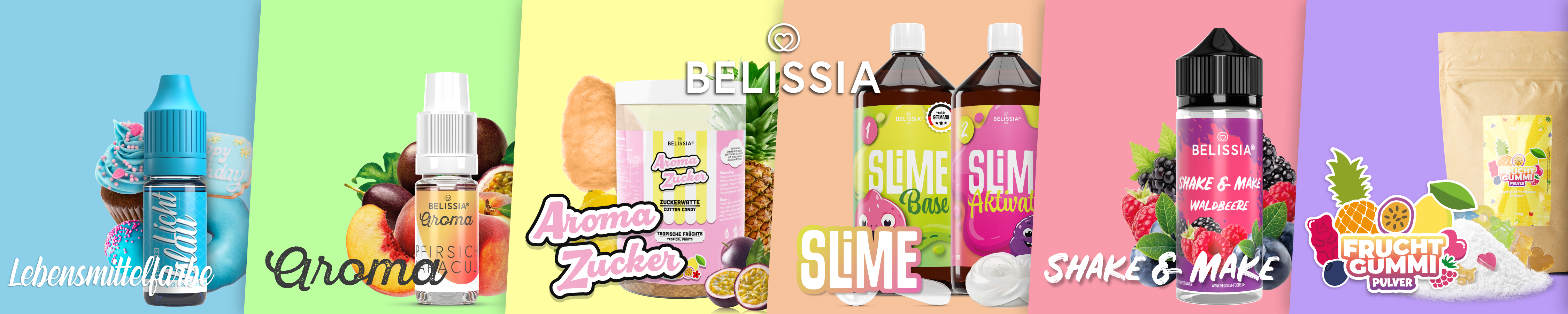 Banner mit den Produktkategorien Lebensmittelfarbe,...