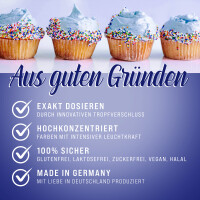 Belissia Lebensmittelfarbe Blau 10ml extrem hoch konzentriert. flüssig zum Färben von Getränken. Teig. Toppings und allen anderen Lebensmitteln